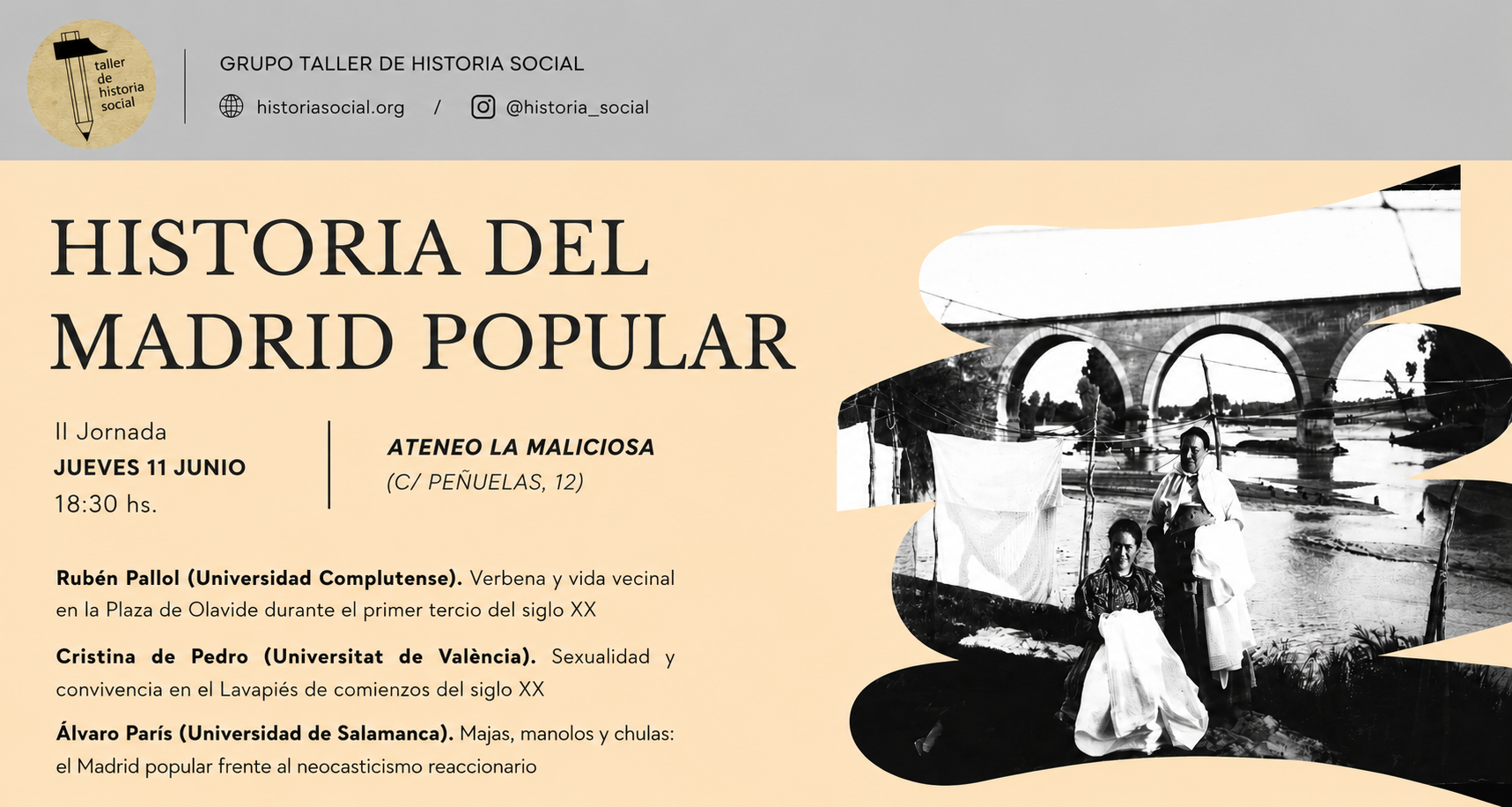 Cristina de Pedro y Rubén Pallol estarán, junto a Álvaro París, en la II Jornada de Historia del Madrid popular el 11 de junio de 2026 a las 18:30 h en el  Ateneo La Maliciosa (C/ Peñuelas, 12). ¡No os lo perdáis!